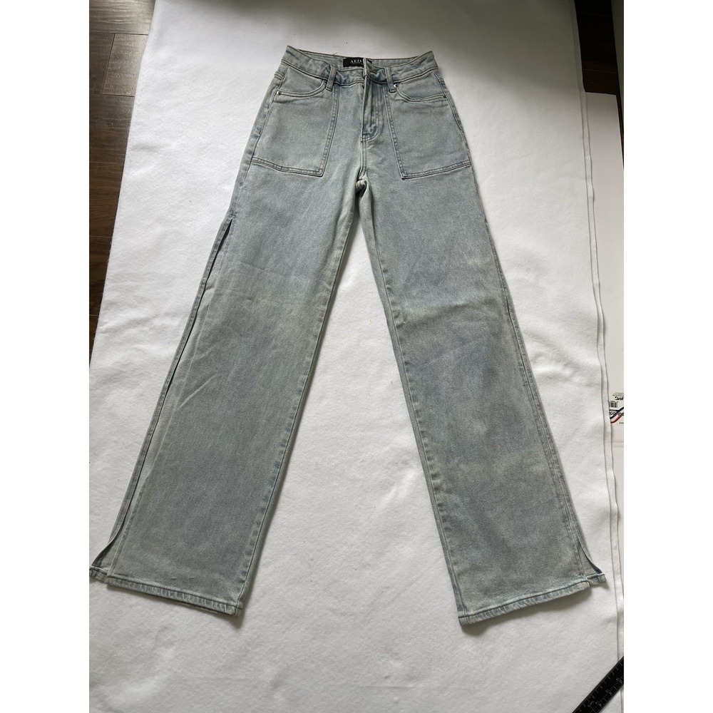 AKIRA Women's Jeans Split Sides Size 1 Waist 34w High Rise Flare Legs Blue Denim